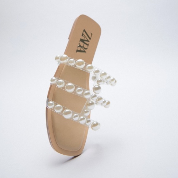 Zara Shoes Zara Beige Slide Sandals With Pearls Poshmark